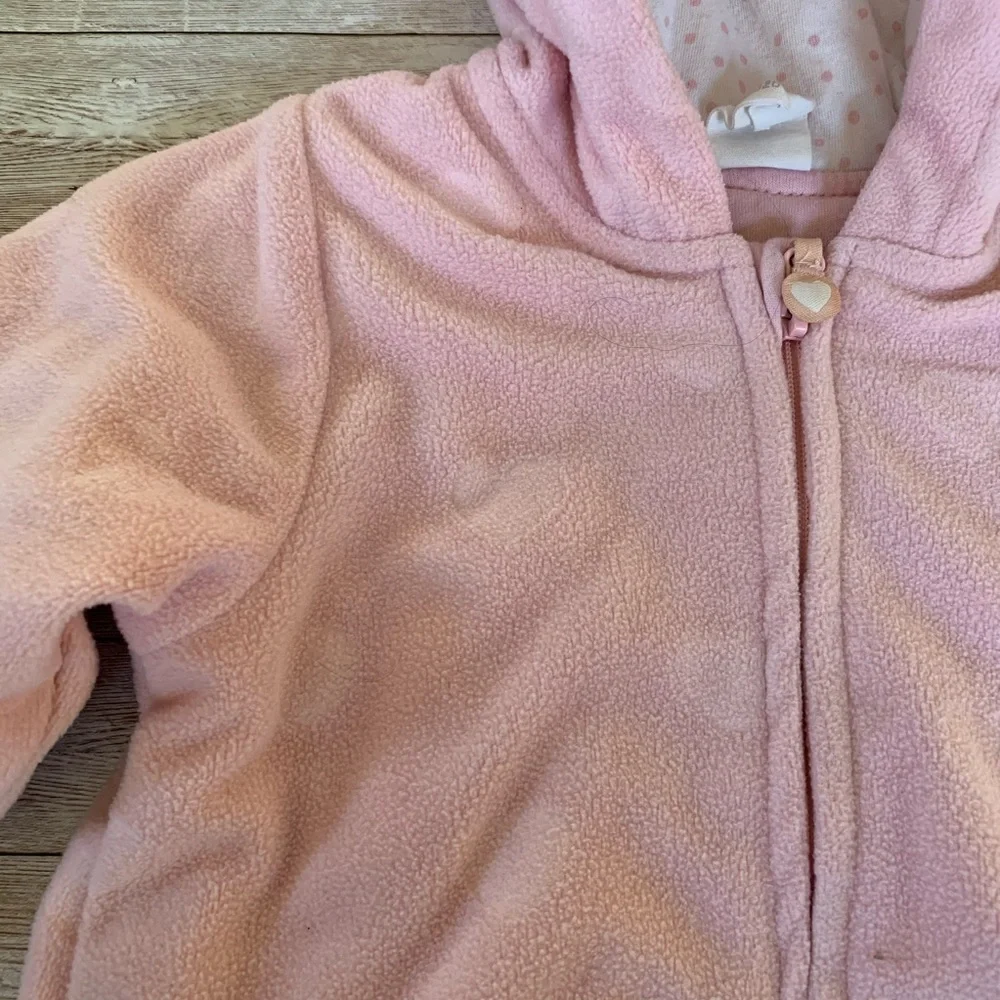 H&M Pink Heart Fleece Hooded Baby Infant Zip Up Onesie Bunting